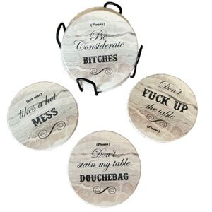 Novelty Rude Ceramic Absorbent  Coasters Cork Base 4” Set of 8 + Holder